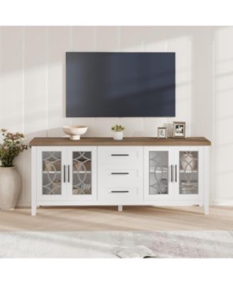 Farmhouse TV Stand with Glass Door for 70" TVs, Mid Century Modern Entertainment Center with Storage & Two Door Media Console