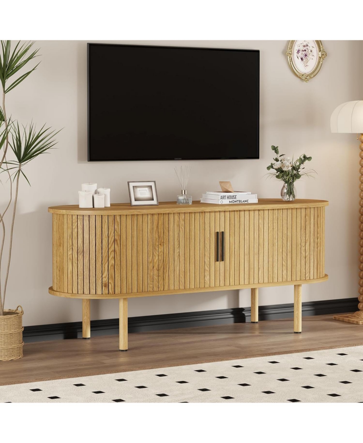 gaomon 47 Inch Tv Stand for Up to 80 Tv, Media Console with Sliding Doors and Storage, Modern Wood Entertainment Center Living Room, Bedroom