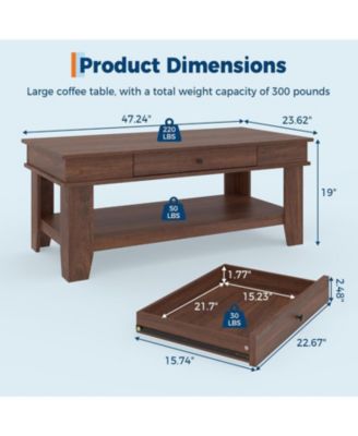Light Wood Coffee Table with Drawer, 472" Center Table with Storage Shelf, Rustic Coffee Tables Long Living Room Furniture, Sturdy and Easy