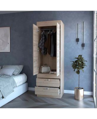 Armoire One Large Cabinet Two Drawers Bedroom Storage Organizer with Hanging Rod