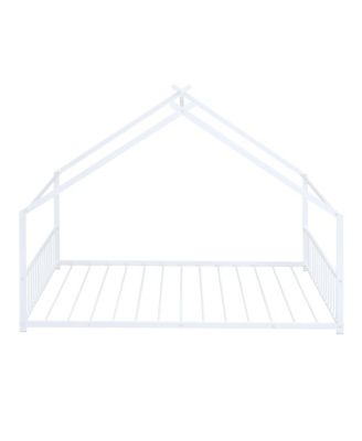 White Metal House Bed with Roof Design Semi Enclosed Space and Integrated Slat Support