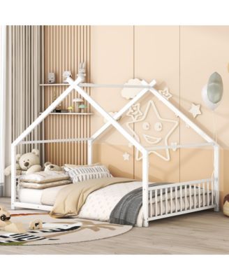 White Metal House Bed with Roof Design Semi Enclosed Space and Integrated Slat Support