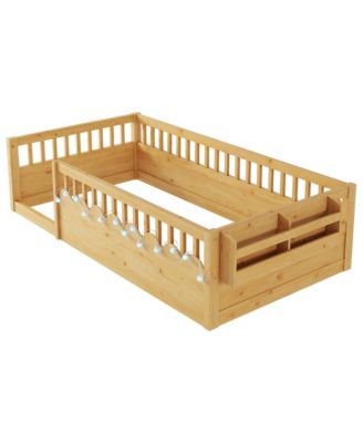 Montessori Wood Floor Bed With LED Light Storage Shelf High Rails