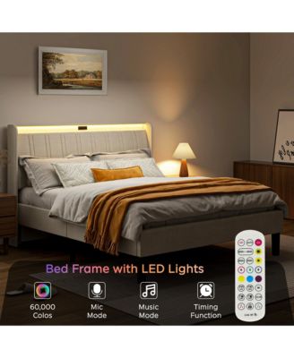 Platform Bed Fabric Upholstered Headboard Wood Slats USB Charging