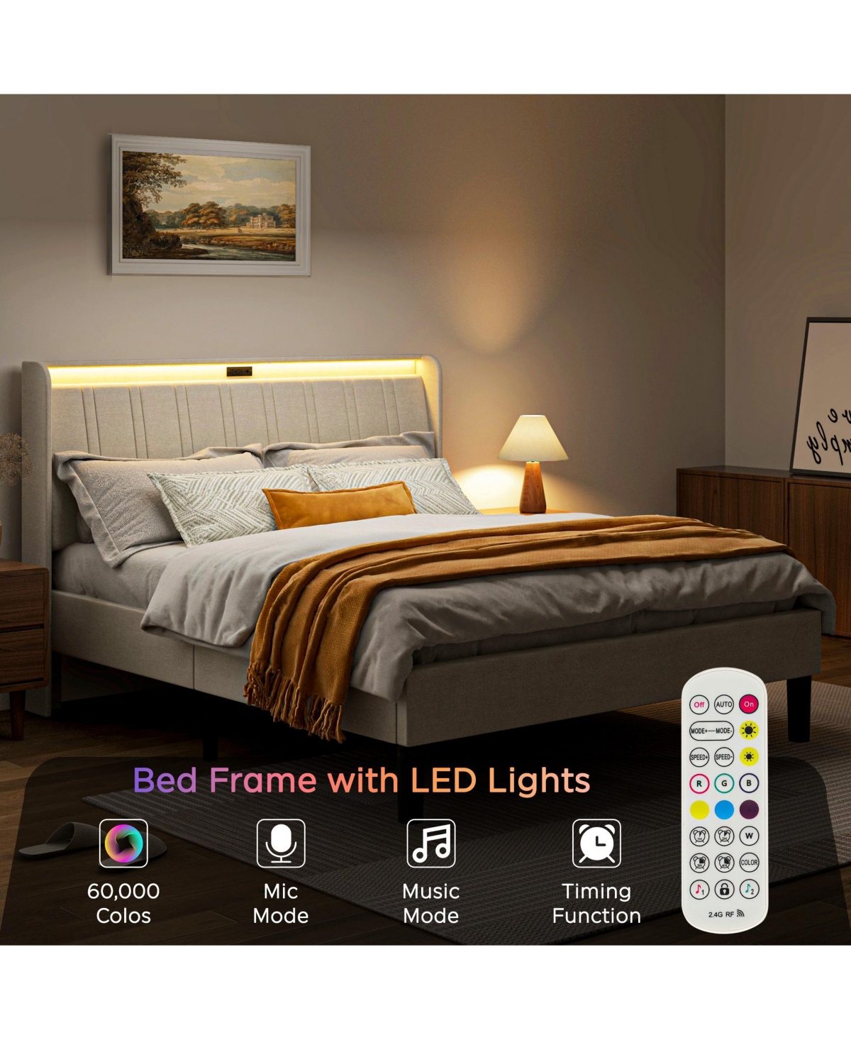 flynama Platform Bed Fabric Upholstered Headboard Wood Slats Usb Charging