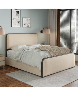 Metal Bed Frame Curved Upholstered Headboard 4 Storage Drawers