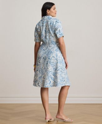 Plus Size Paisley Tie-Front Linen Shirtdress