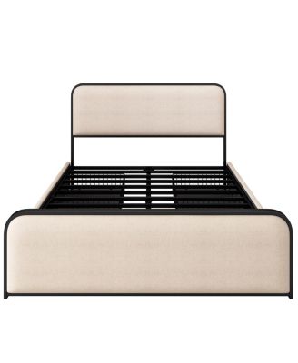 Metal Bed Frame Curved Upholstered Headboard 4 Storage Drawers