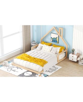 Wood Floor Bed House Shaped Headboard Chimney Pine Wood MDF