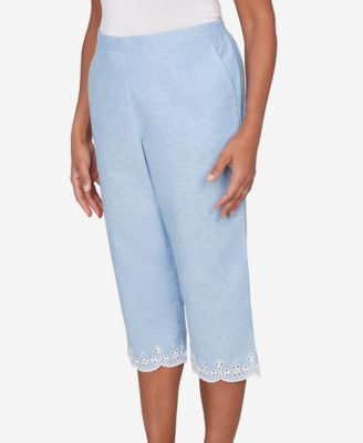 Women's Caribbean Blues Eyelet Embroidered Cuff Capri Pants