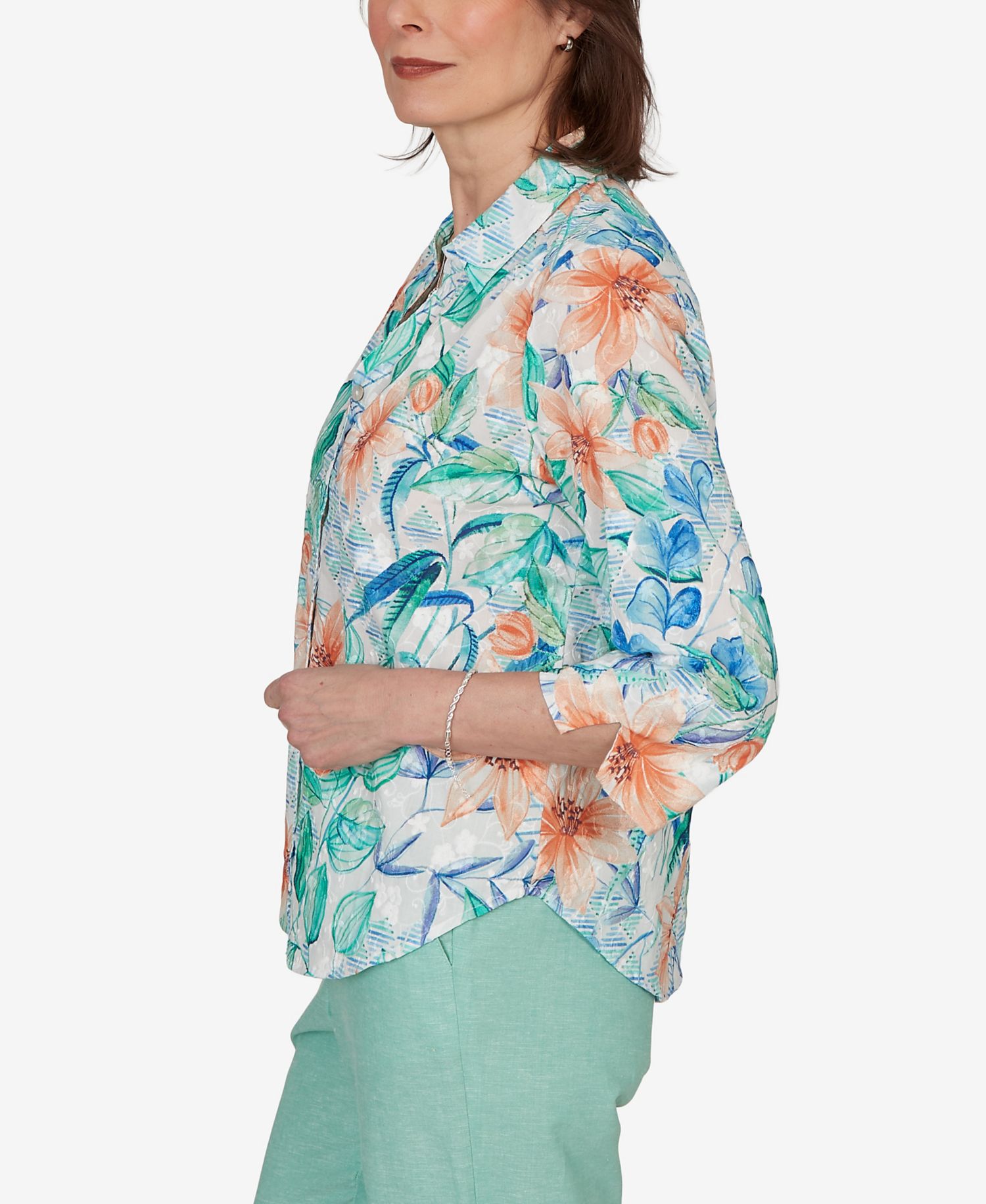 Women's Caribbean Blues Tropical Flower Eyelet Tie-Sleeve Top