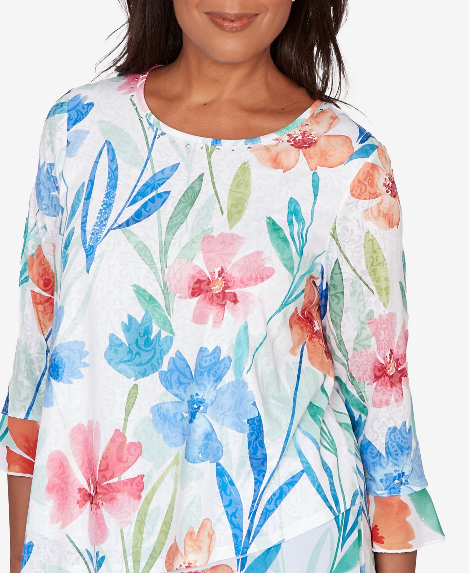 Women's Caribbean Blues Whimsical Flower Bell Sleeve Top