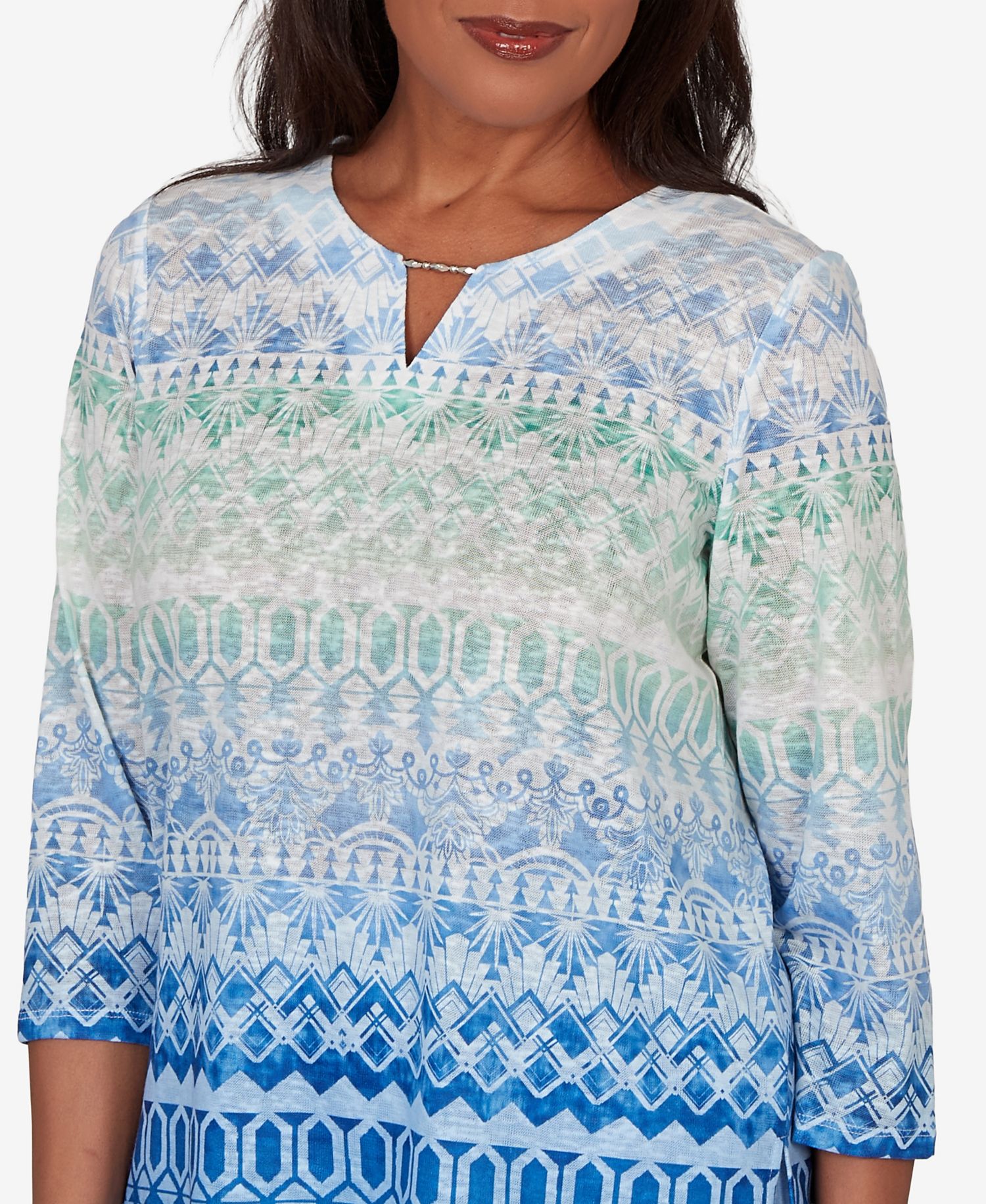 Women's Caribbean Blues Ombre Biadere Split Neck Top