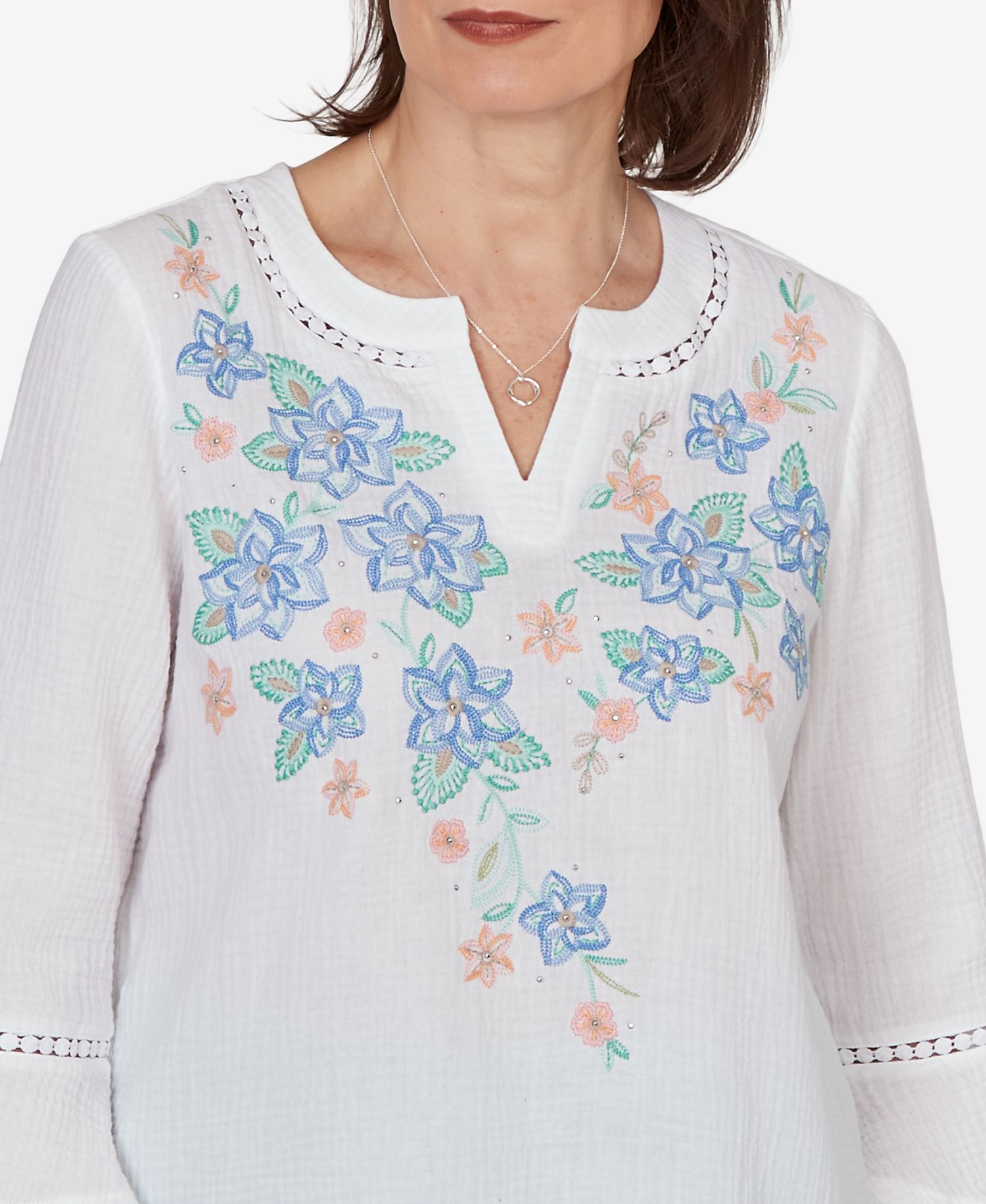 Petite Caribbean Blues Tropical Floral Split Neck Embroidered Top