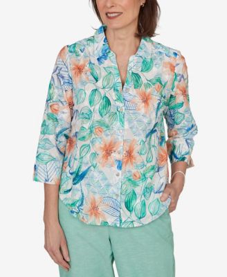 Petite Caribbean Blues Tropical Flower Eyelet Tie-Sleeve Top