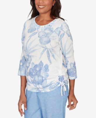 Petite Caribbean Blues Monotone Dramatic Floral Tropical Top