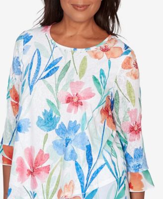 Petite Caribbean Blues Whimsical Flower Bell Sleeve Top