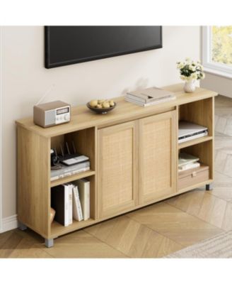 63" Mid-Century Modern TV Stand Rattan Door Entertainment Center with 2 Storage Cabinets & 3 Open Shelves, Media Console for Living