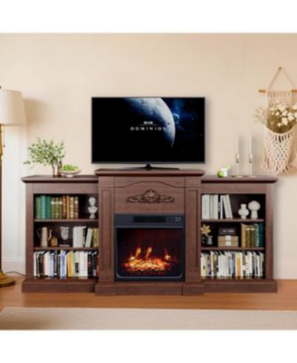 67" Electric Fireplace TV Stand with 18" Slim Built-in Heater, Remote, 12 Flame Colors, Adjustable Storage Cabinets, Wood Finish, Entertainment