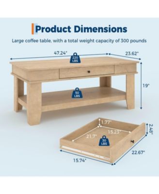 Light Wood Coffee Table with Drawer, 472" Center Table with Storage Shelf, Rustic Coffee Tables Long Living Room Furniture, Sturdy and Easy