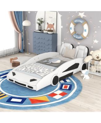 Race Car Shaped Platform Bed With Wheels For Kids Bedroom