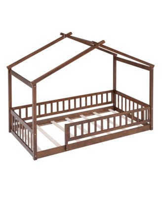 Wood House Bed Walnut Roof Fence Pine Wood Frame 7 Slats Kids Teens