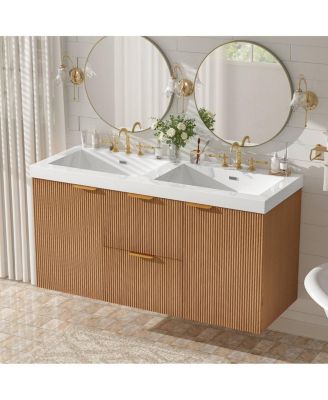 47.24" Brown Modern MDF Double Sink Floating Vanity With SMC Top, Soft-Close Doors, Divided Drawers