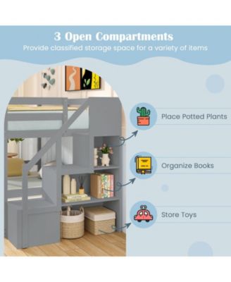 Solid Wood Twin Over Full Low Bunk Bed with Storage Stairs