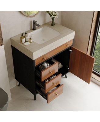 29.9" Freestanding Bathroom Vanity with Stone Gray Sintered Stone Top, Ceramic Sink, Soft Close Drawers & Storage Cabinet