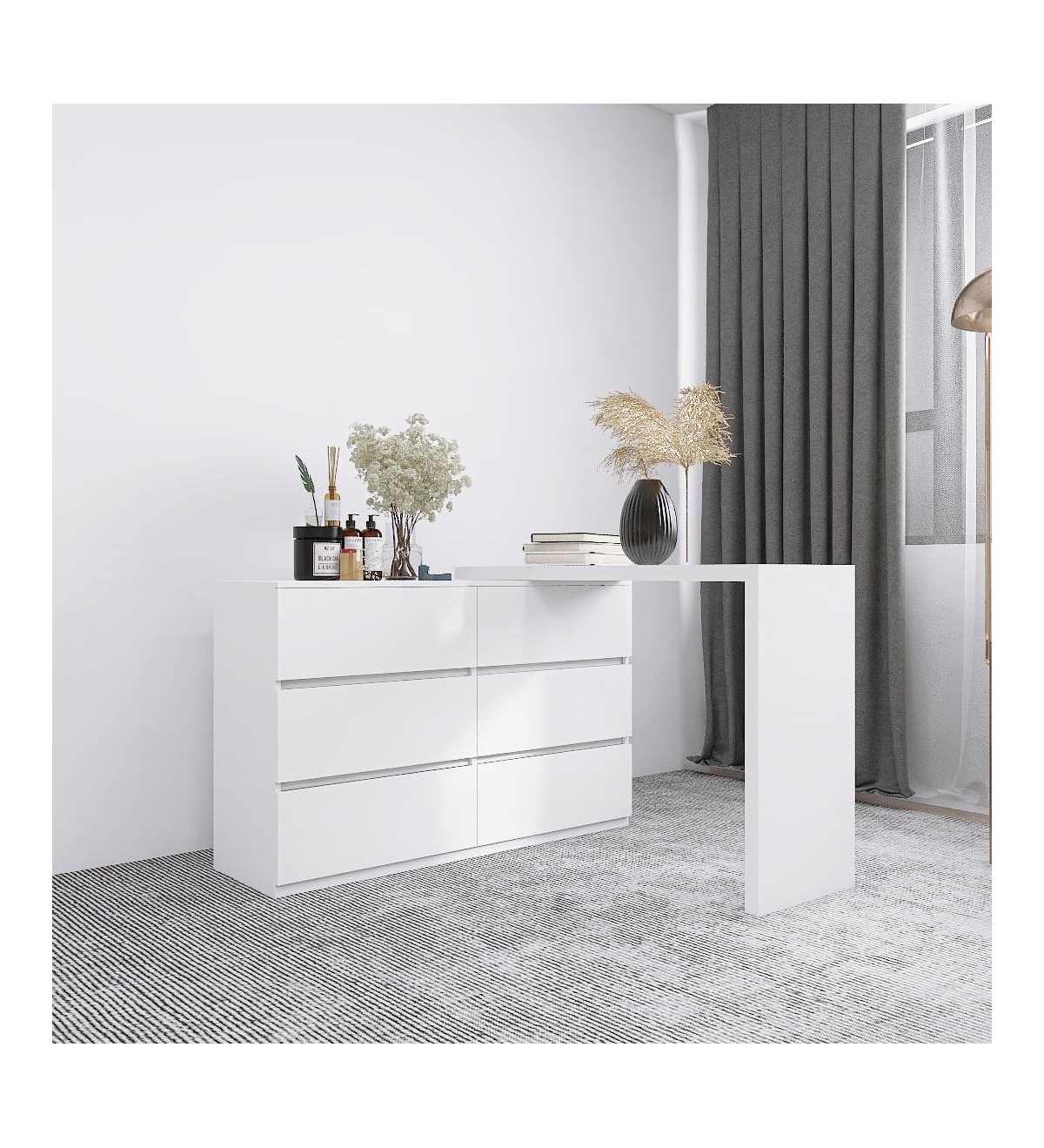 flynama Extended Desktop 6 Drawers Chest White Vanity Dresser with Adjustable Desk Top Handle Free Design