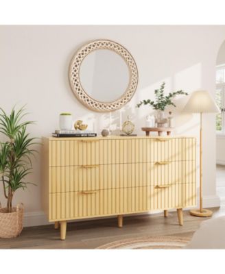 6 Drawer Fluted Wooden Dresser 47.24W 14.96D 33.06H for Bedroom Nursery Entrance with Wave Pattern