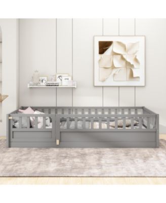 Montessori Wooden Floor Bed With Support Slat High Barrier And Door For Kids