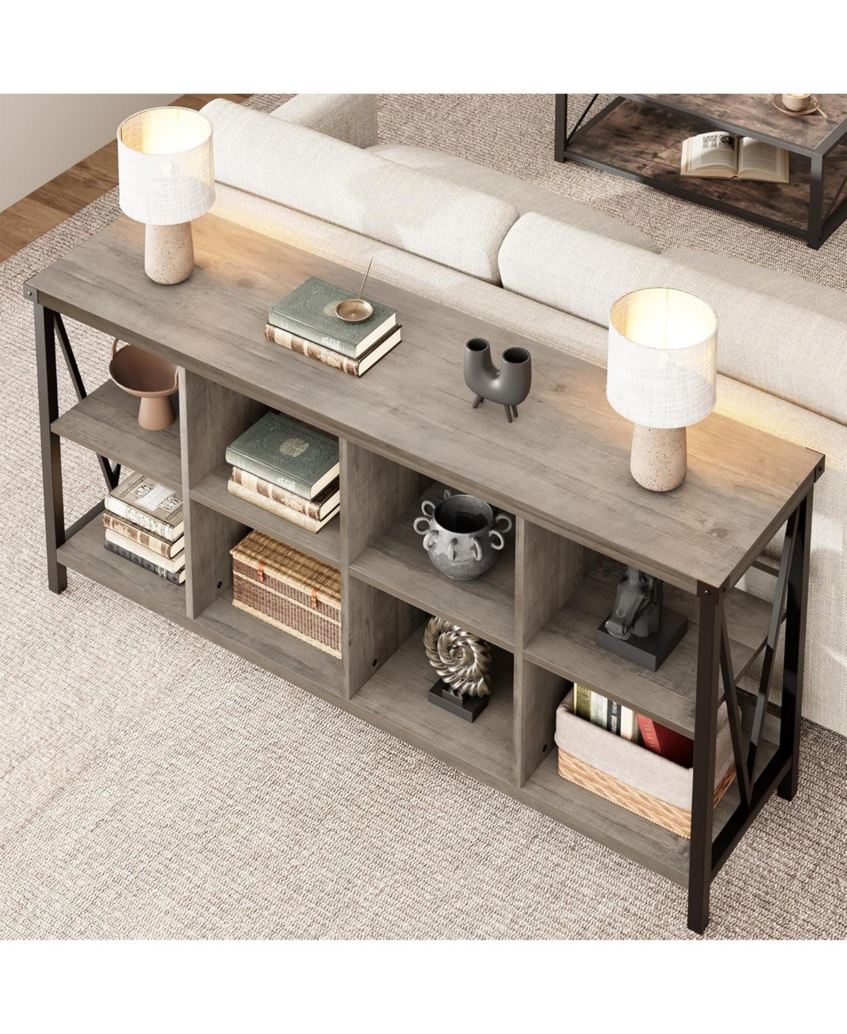 gaomon Entryway Console Table, 3 Tier Industrial Metal Sofa Table with 8 Cube Storage Organizer, Behind Couch Table, Hallway Table for Entry, Living
