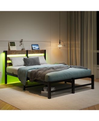 Metal Bed Wooden Headboard RGB Lights Charger Storage
