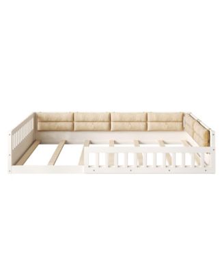 Wood Upholstered Platform Bed Guardrail Fluffy Pillows Pine Wood MDF