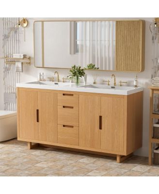 59.3" Modern Bathroom Vanity With Resin Sink, Solid Wood MDF Handle-Free, 4 Doors 3 Drawers Soft-Close