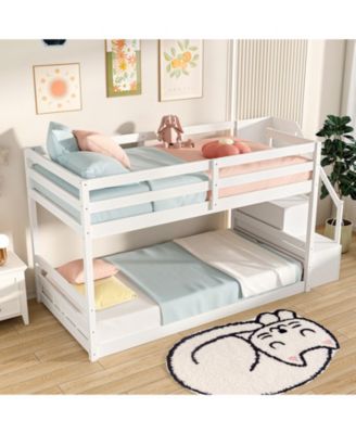 Twin Over Twin Low Bunk Bed with Storage Stairs Solid Wood