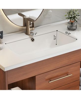 35.4" Mid-Century Wall Mounted Bathroom Vanity with Integrated Ceramic Sink, Walnut Solid Wood, Soft Close Drawers, Open Shelves