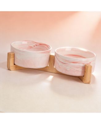 Ceramic Cat Dog Bowl Set with Wood Stand Non Slip 13.5 Ounces Easy Wash Safe Pet Feeder