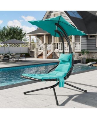 PeakPursuit Hanging Chaise Lounge Swing Chair with Umbrella Canopy, Patio Lounge Chairs with Stand