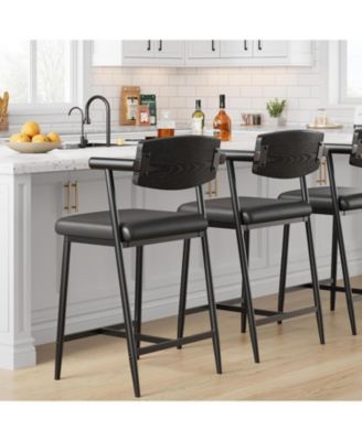 26" Counter Height Bar Stools Set of 2 with Arms, Upholstered Modern Metal Bar Chairs, Back & Footrest for Kitchen Island