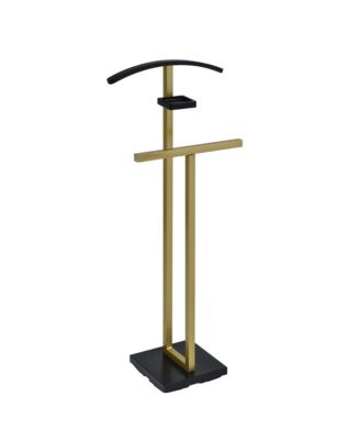 Freestanding Valet Stand with Tray & Pants Bar, Metal & Wooden Suit Rack Clothes Organizer with Storage Shelf for Bedroom