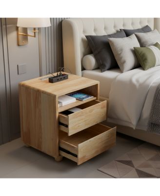 Elegant Modern Wooden Nightstand with 2 Drawers Natural Finish Bedside Table for Bedroom Living Room