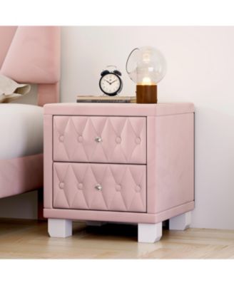 Elegant Velvet Nightstand with 2 Drawers Crystal Handle Button Tufted Bedroom Storage Table
