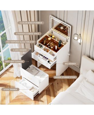 Space Saving Small LED Vanity Table with Basic Standard Mirror Classic and Cushioned Stool