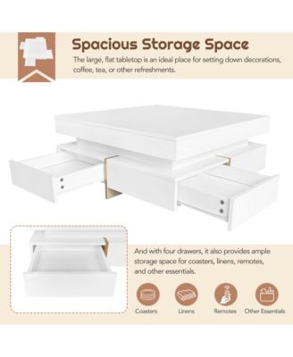 Modern High Gloss Coffee Table, Multi-Storage Square Center Table with 4 Drawers and Wood Grain Legs for Living Room