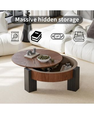 Round Coffee Table with Hidden Storage - Wood Parquet Veneer Top Table, 3 Block Legs, Center Accent Table for Living Room.
