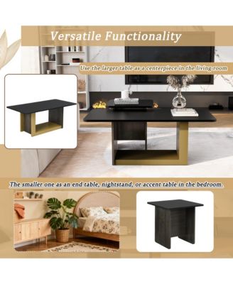 Nesting Coffee Tables Set of 2, Small Square Coffee End Table, Wood Look Center Table with Metal Frame for Living Room.