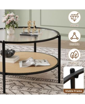 “30″ Rattan Coffee Table, 2 Tier Round End Table with Water Wave Glass & Storage – Modern”