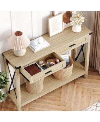 Farmhouse Entryway Console Table with Rattan Drawers, Sofa Table with Storage for Living Room, Hallway, Entryway